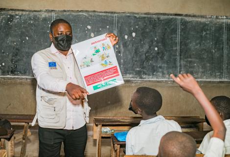 ActionAid raising awareness among primary school children about Ebola prevention and protection measures.