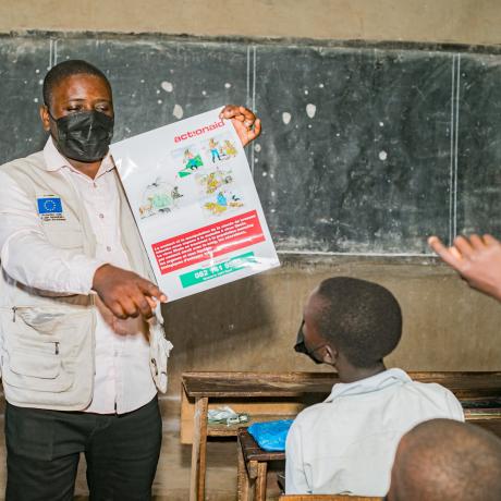 ActionAid raising awareness among primary school children about Ebola prevention and protection measures.